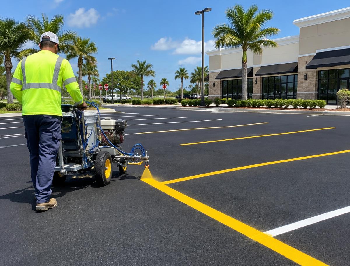 Crew striping a parking lot